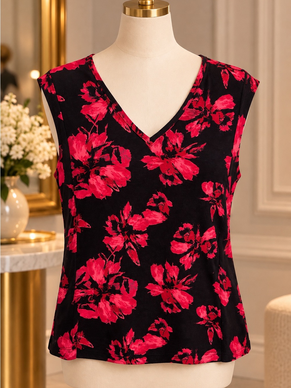 Rachel Black Tank Top with Red/Pink Floral Print